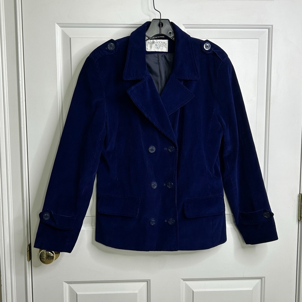International Scene Corduroy Blazer Jacket Womens 12 Double Breasted Blue Sailor
